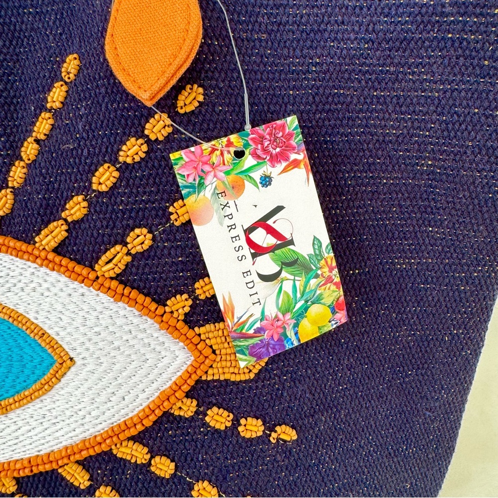 Evil Eye Navy Blue & Orange Beaded & Embroidered Tote Bag - Picture 7 of 7